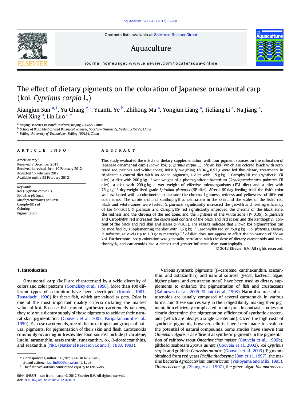 The effect of dietary pigments on the coloration of Japanese ornamental carp (koi, Cyprinus carpio L.)