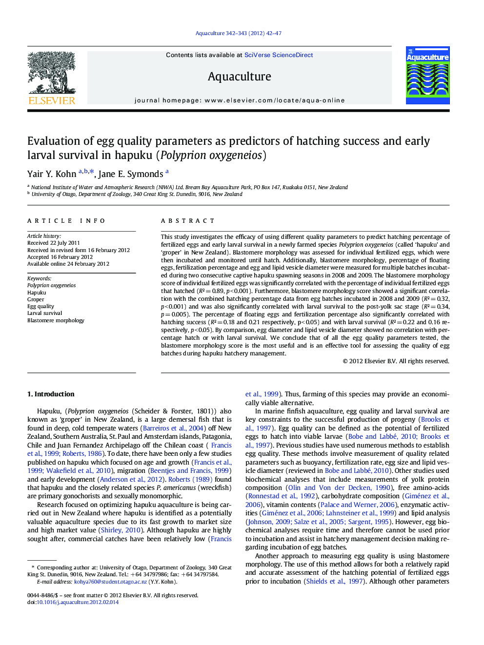 Evaluation of egg quality parameters as predictors of hatching success and early larval survival in hapuku (Polyprion oxygeneios)