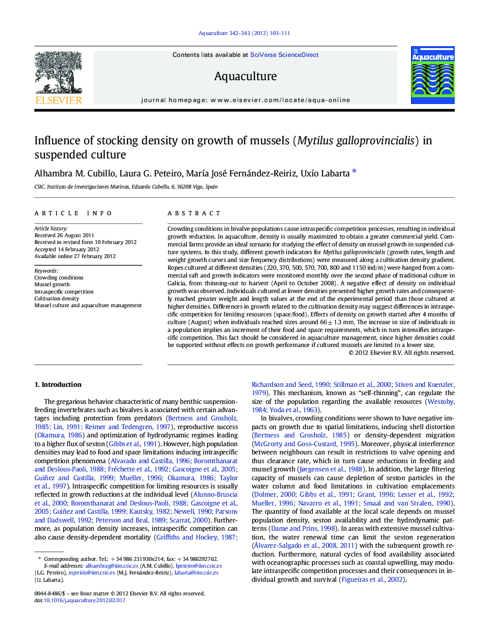 Influence of stocking density on growth of mussels (Mytilus galloprovincialis) in suspended culture