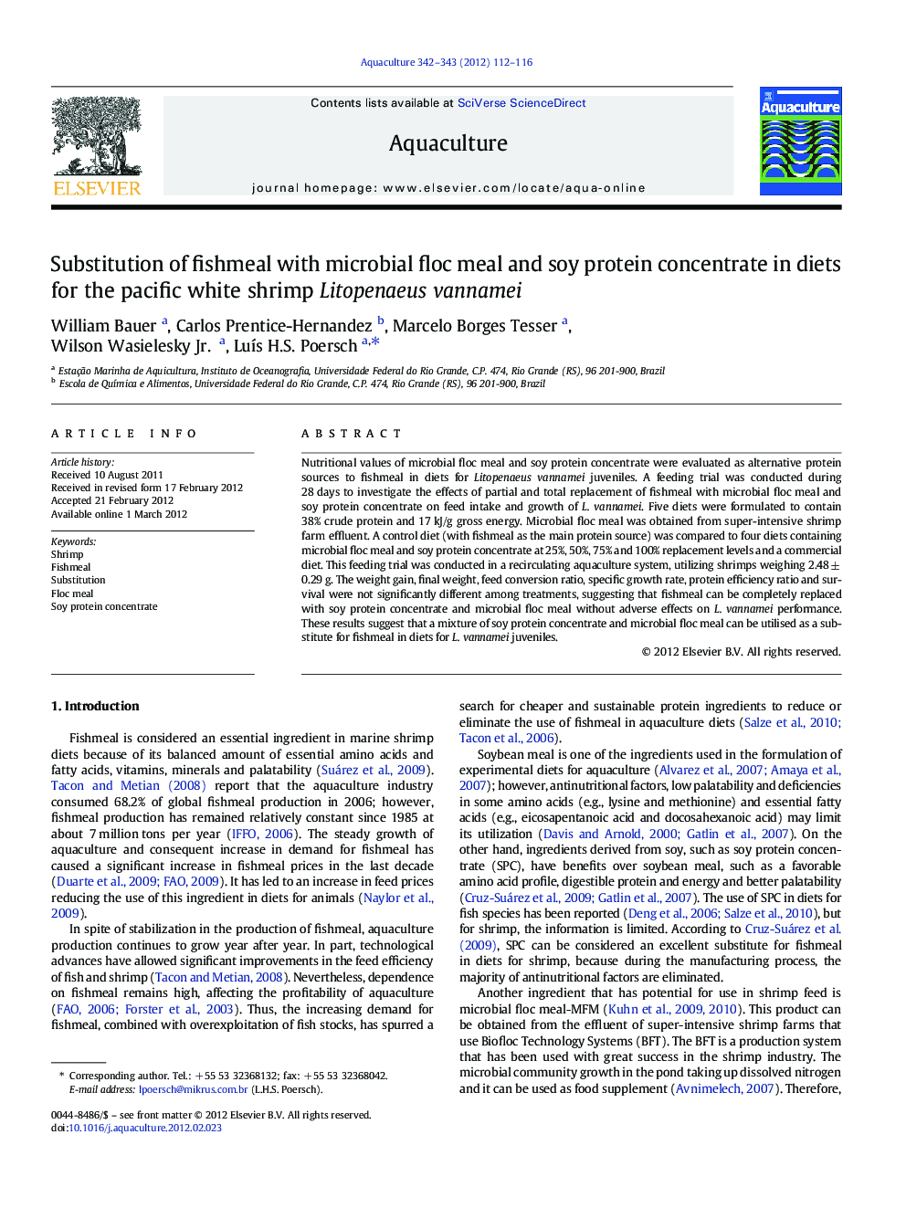 Substitution of fishmeal with microbial floc meal and soy protein concentrate in diets for the pacific white shrimp Litopenaeus vannamei