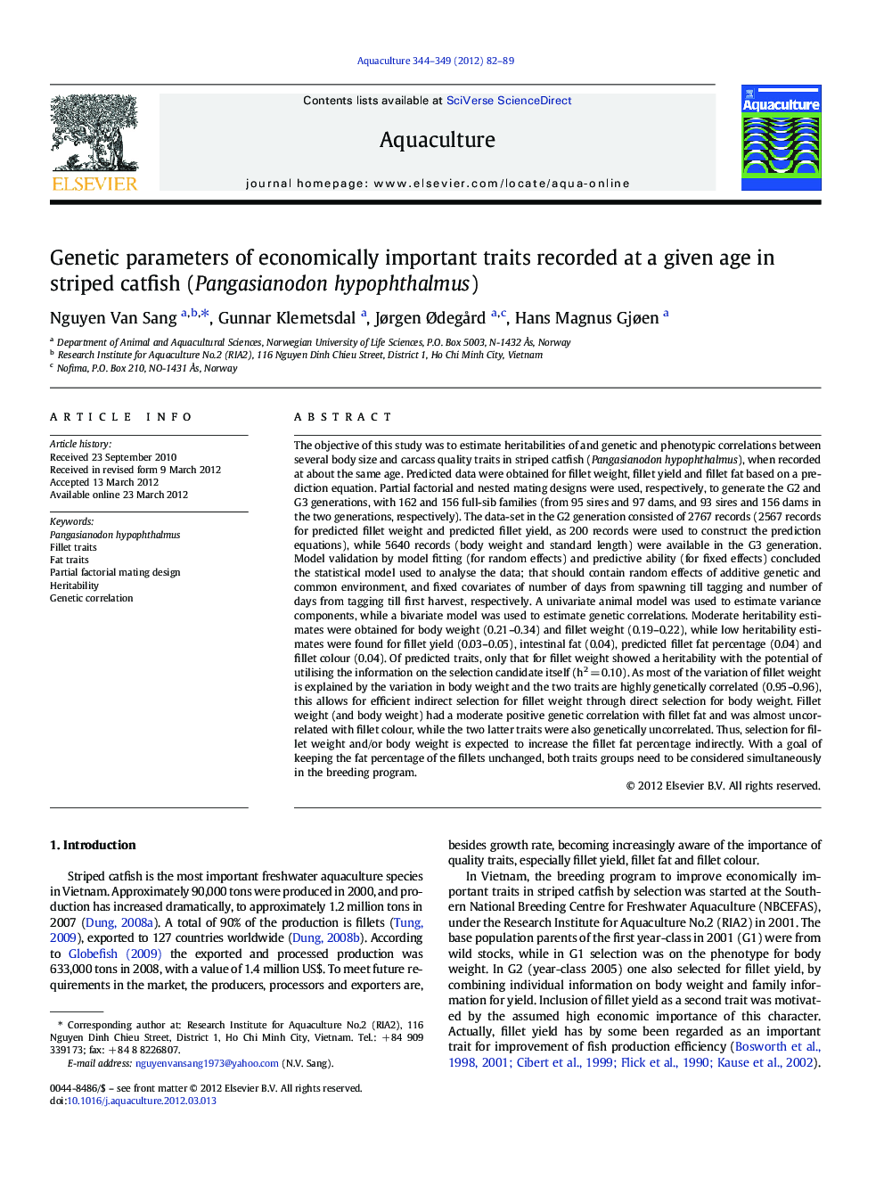 Genetic parameters of economically important traits recorded at a given age in striped catfish (Pangasianodon hypophthalmus)