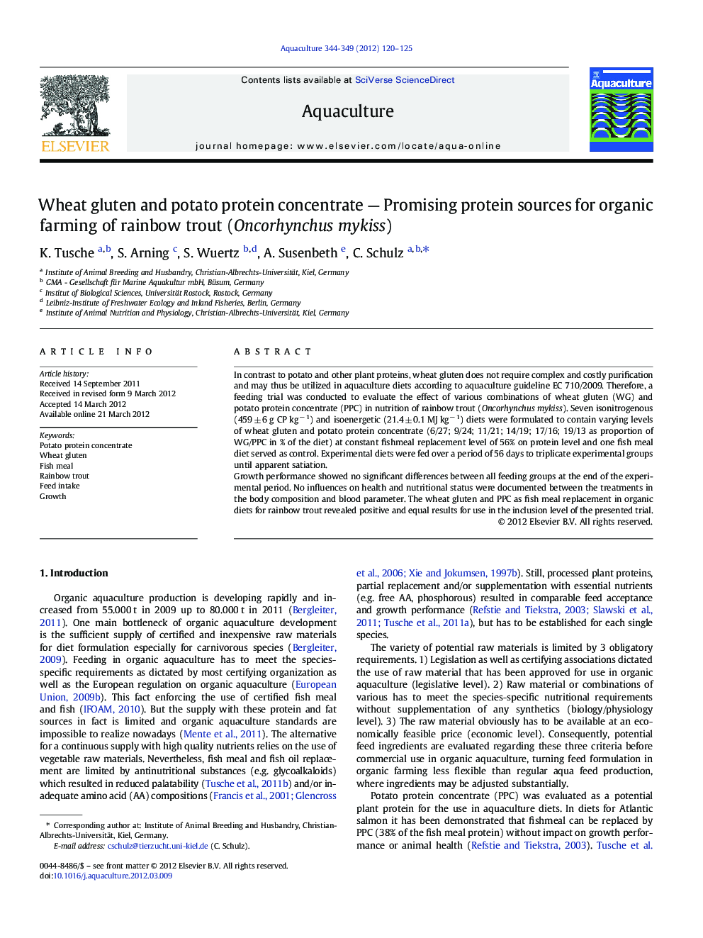 Wheat gluten and potato protein concentrate — Promising protein sources for organic farming of rainbow trout (Oncorhynchus mykiss)