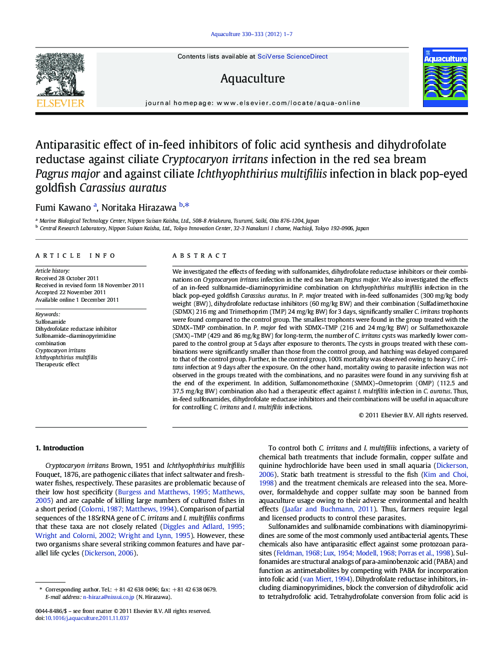Antiparasitic effect of in-feed inhibitors of folic acid synthesis and dihydrofolate reductase against ciliate Cryptocaryon irritans infection in the red sea bream Pagrus major and against ciliate Ichthyophthirius multifiliis infection in black pop-eyed g