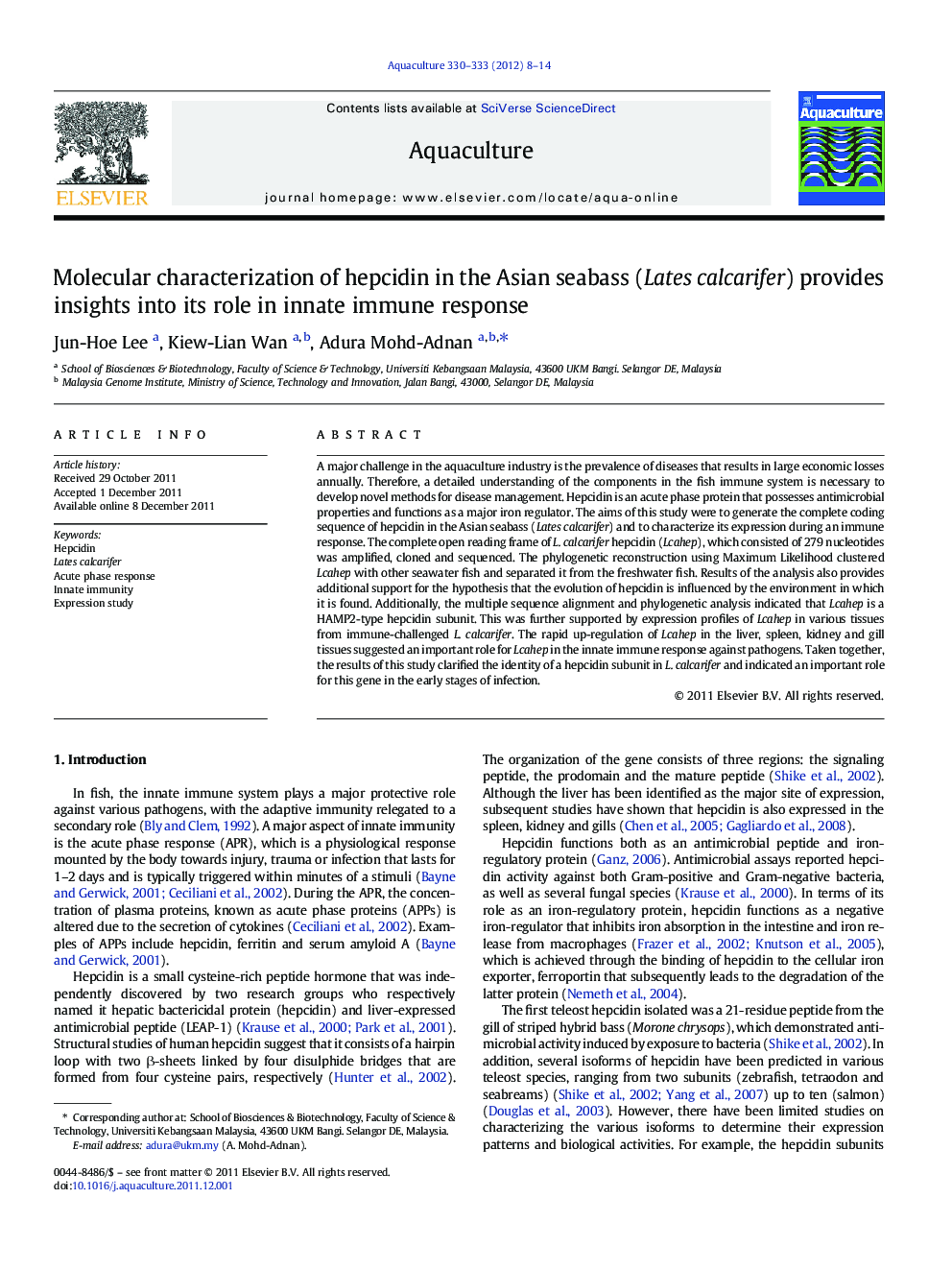 Molecular characterization of hepcidin in the Asian seabass (Lates calcarifer) provides insights into its role in innate immune response