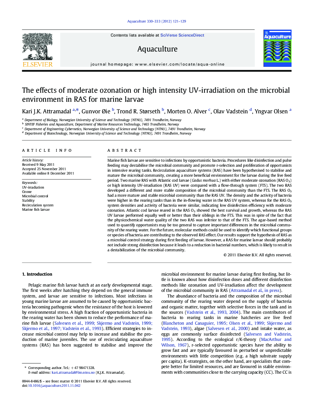 The effects of moderate ozonation or high intensity UV-irradiation on the microbial environment in RAS for marine larvae