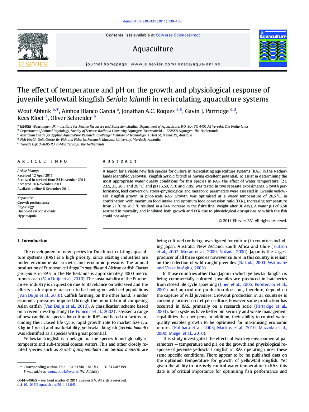 The effect of temperature and pH on the growth and physiological response of juvenile yellowtail kingfish Seriola lalandi in recirculating aquaculture systems