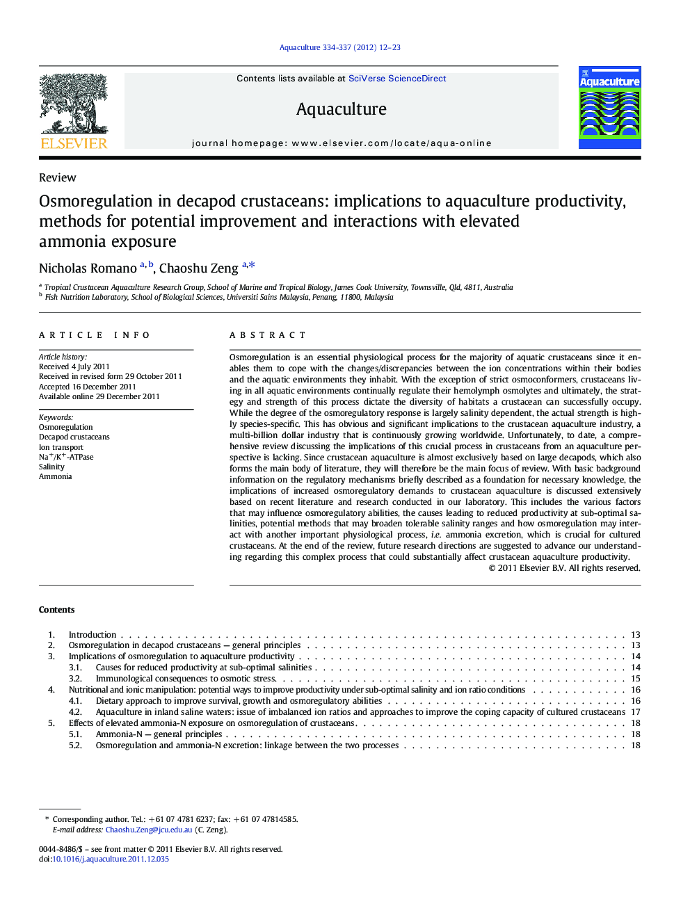 Osmoregulation in decapod crustaceans: implications to aquaculture productivity, methods for potential improvement and interactions with elevated ammonia exposure