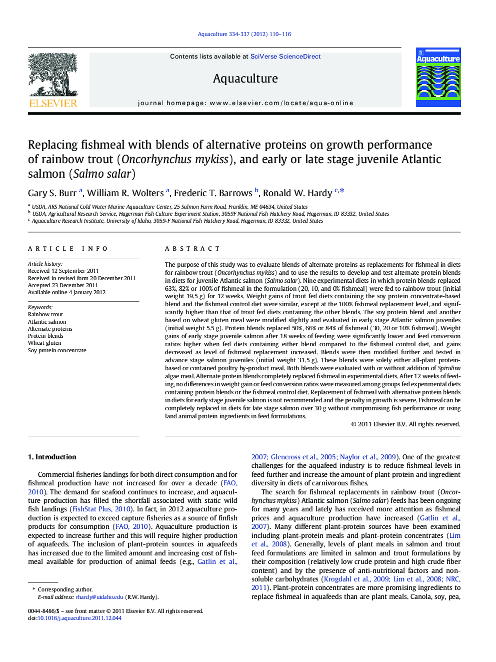 Replacing fishmeal with blends of alternative proteins on growth performance of rainbow trout (Oncorhynchus mykiss), and early or late stage juvenile Atlantic salmon (Salmo salar)