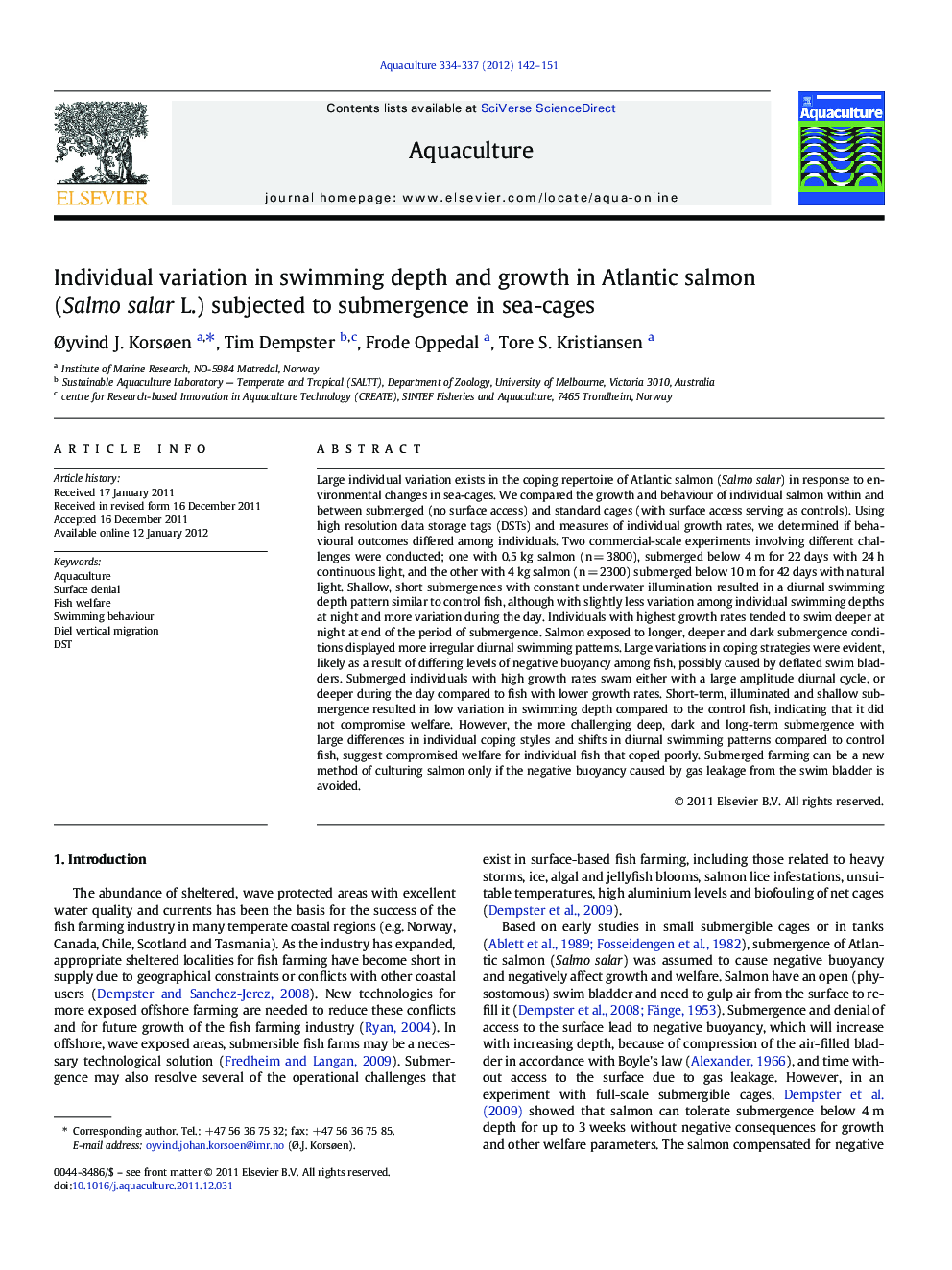 Individual variation in swimming depth and growth in Atlantic salmon (Salmo salar L.) subjected to submergence in sea-cages