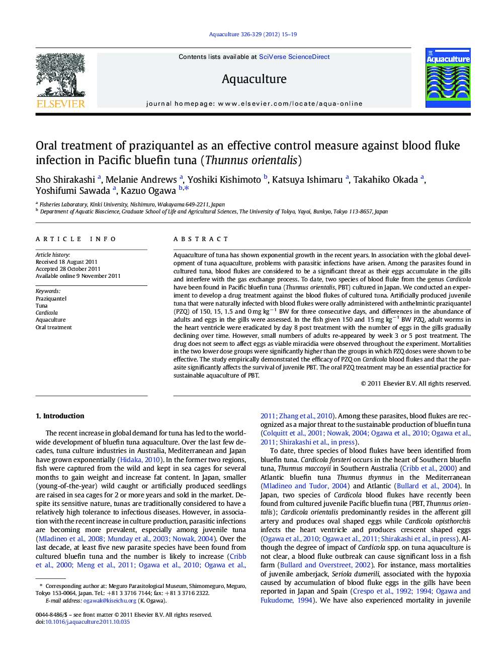 Oral treatment of praziquantel as an effective control measure against blood fluke infection in Pacific bluefin tuna (Thunnus orientalis)