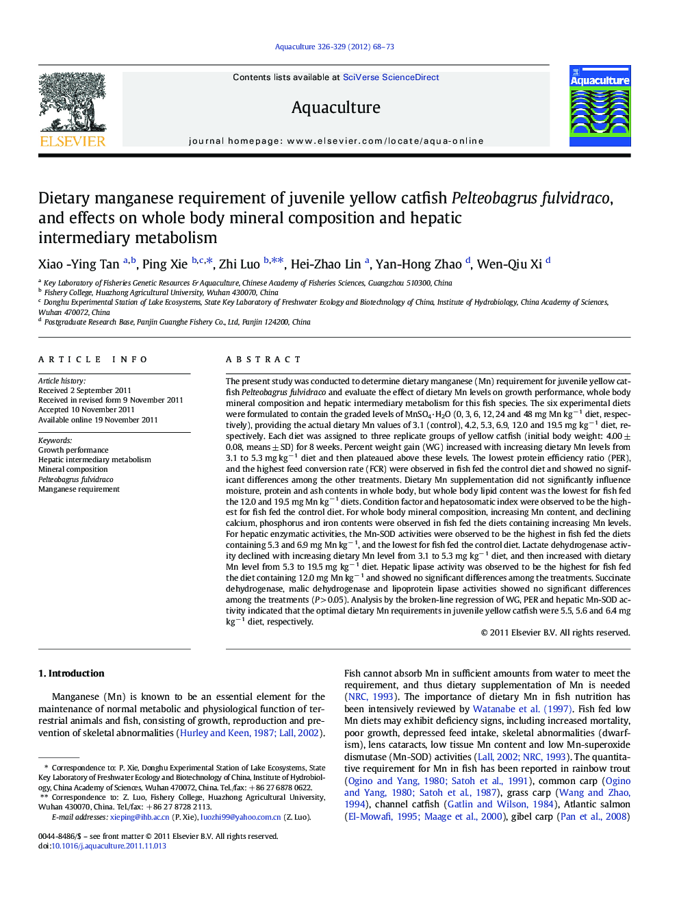 Dietary manganese requirement of juvenile yellow catfish Pelteobagrus fulvidraco, and effects on whole body mineral composition and hepatic intermediary metabolism