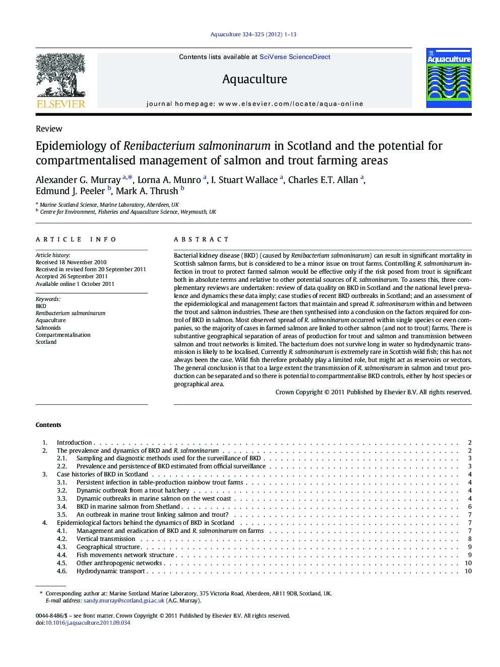 Epidemiology of Renibacterium salmoninarum in Scotland and the potential for compartmentalised management of salmon and trout farming areas