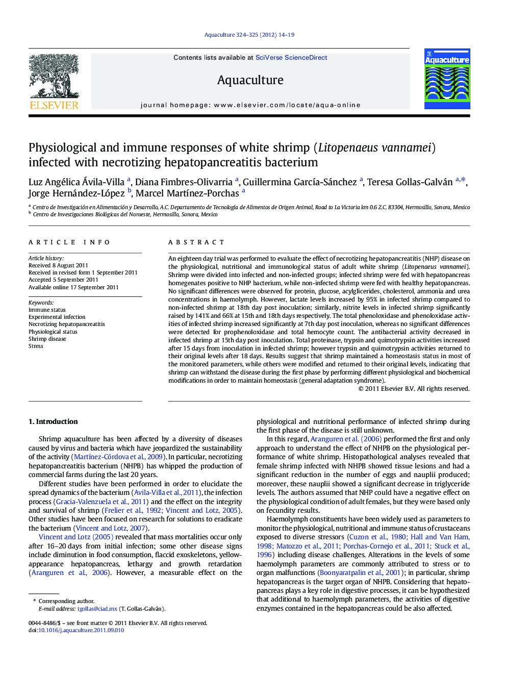 Physiological and immune responses of white shrimp (Litopenaeus vannamei) infected with necrotizing hepatopancreatitis bacterium