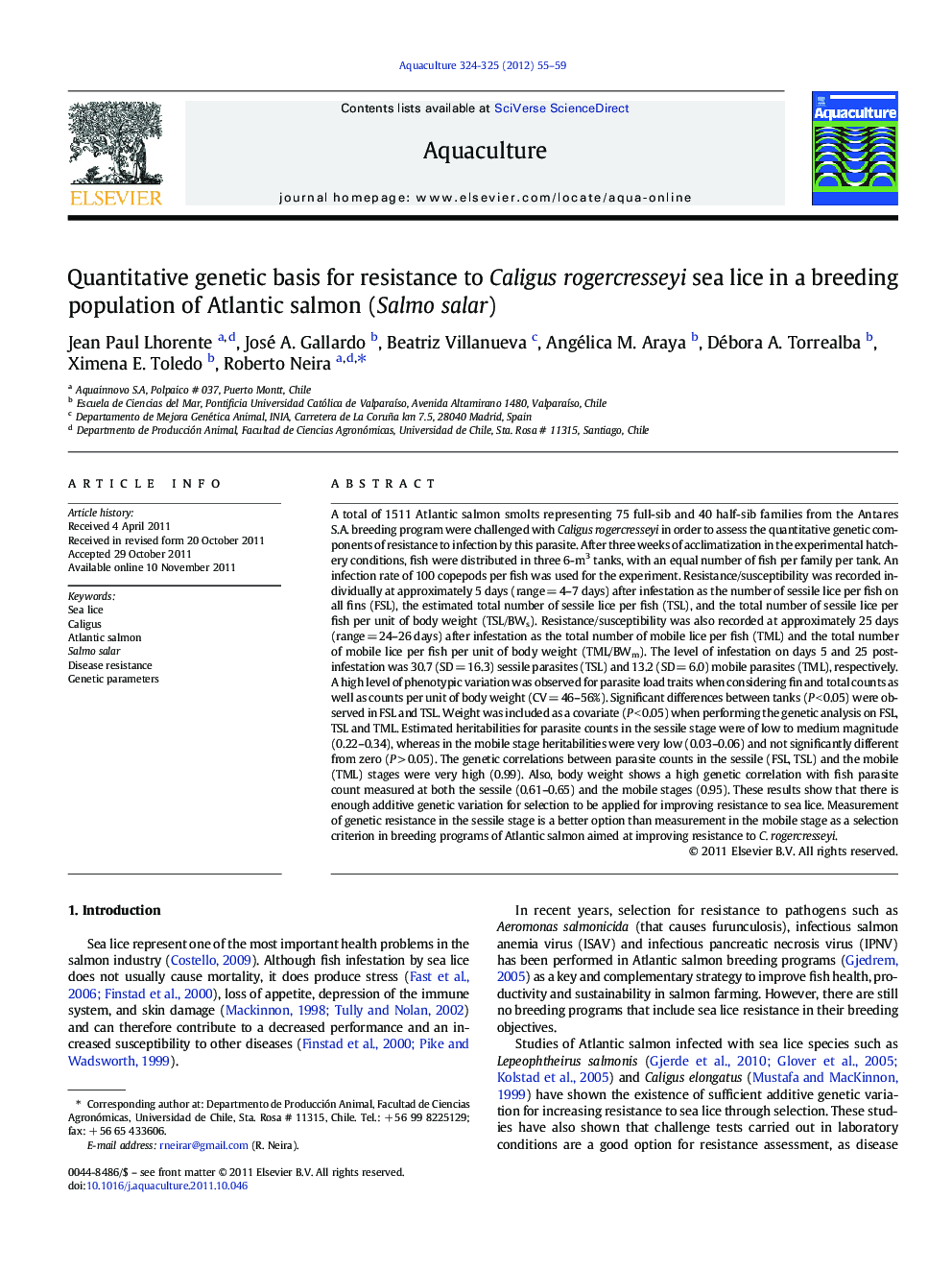 عکس صفحه اول مقاله: Quantitative genetic basis for resistance to Caligus rogercresseyi sea lice in a breeding population of Atlantic salmon (Salmo salar) Quantitative genetic basis for resistance to Caligus rogercresseyi sea lice in a breeding population of Atlantic salmon (Salmo salar)