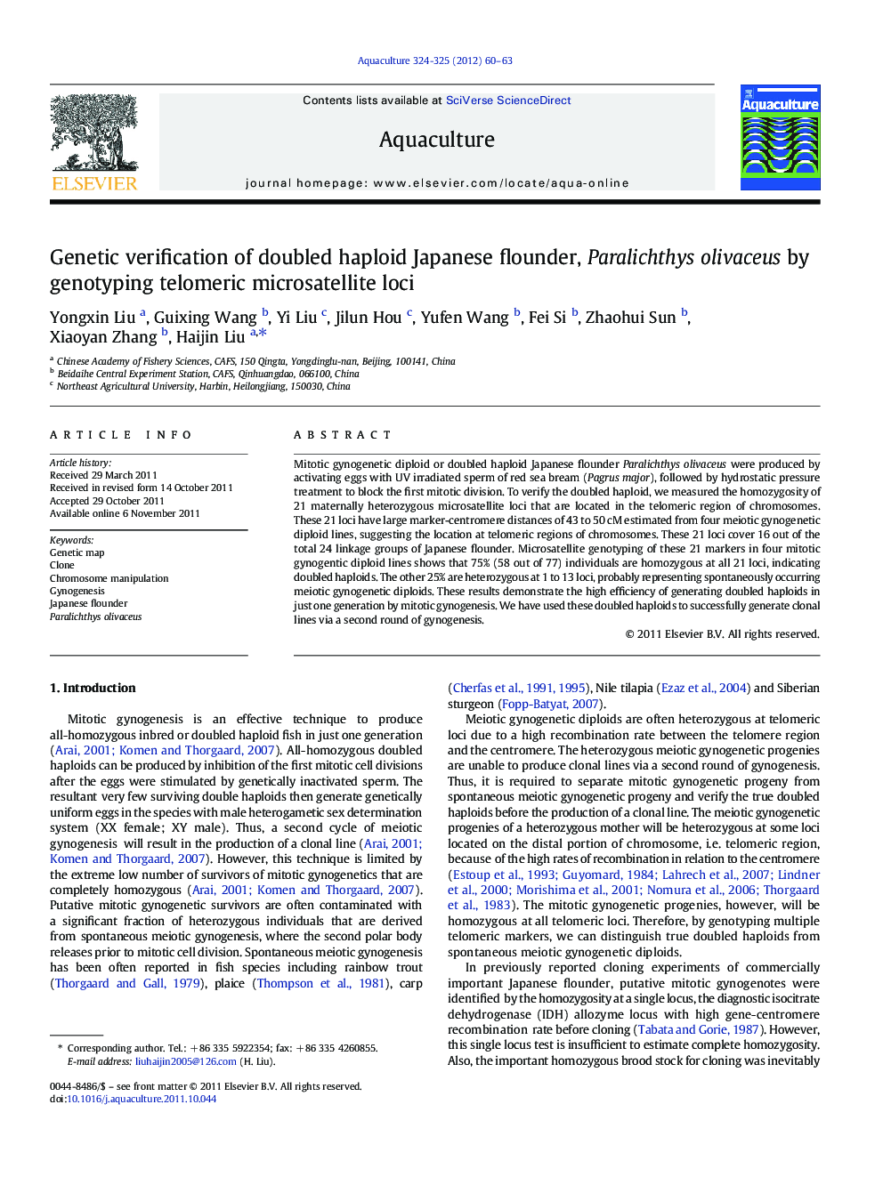 Genetic verification of doubled haploid Japanese flounder, Paralichthys olivaceus by genotyping telomeric microsatellite loci