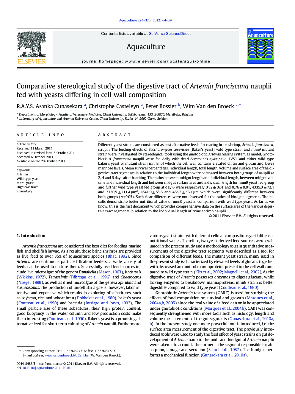 Comparative stereological study of the digestive tract of Artemia franciscana nauplii fed with yeasts differing in cell wall composition