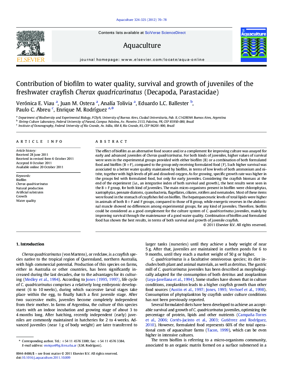 Contribution of biofilm to water quality, survival and growth of juveniles of the freshwater crayfish Cherax quadricarinatus (Decapoda, Parastacidae)