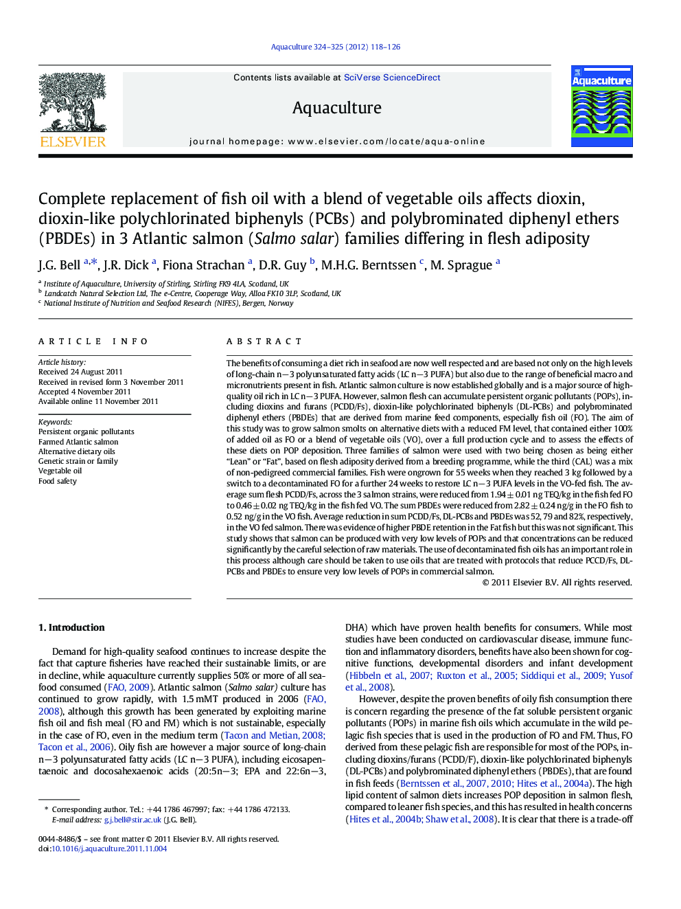 Complete replacement of fish oil with a blend of vegetable oils affects dioxin, dioxin-like polychlorinated biphenyls (PCBs) and polybrominated diphenyl ethers (PBDEs) in 3 Atlantic salmon (Salmo salar) families differing in flesh adiposity