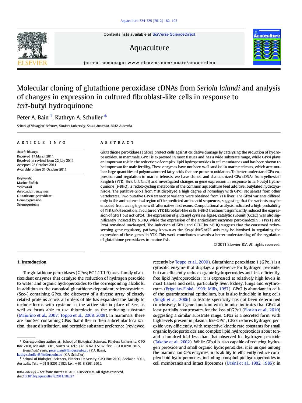 Molecular cloning of glutathione peroxidase cDNAs from Seriola lalandi and analysis of changes in expression in cultured fibroblast-like cells in response to tert-butyl hydroquinone