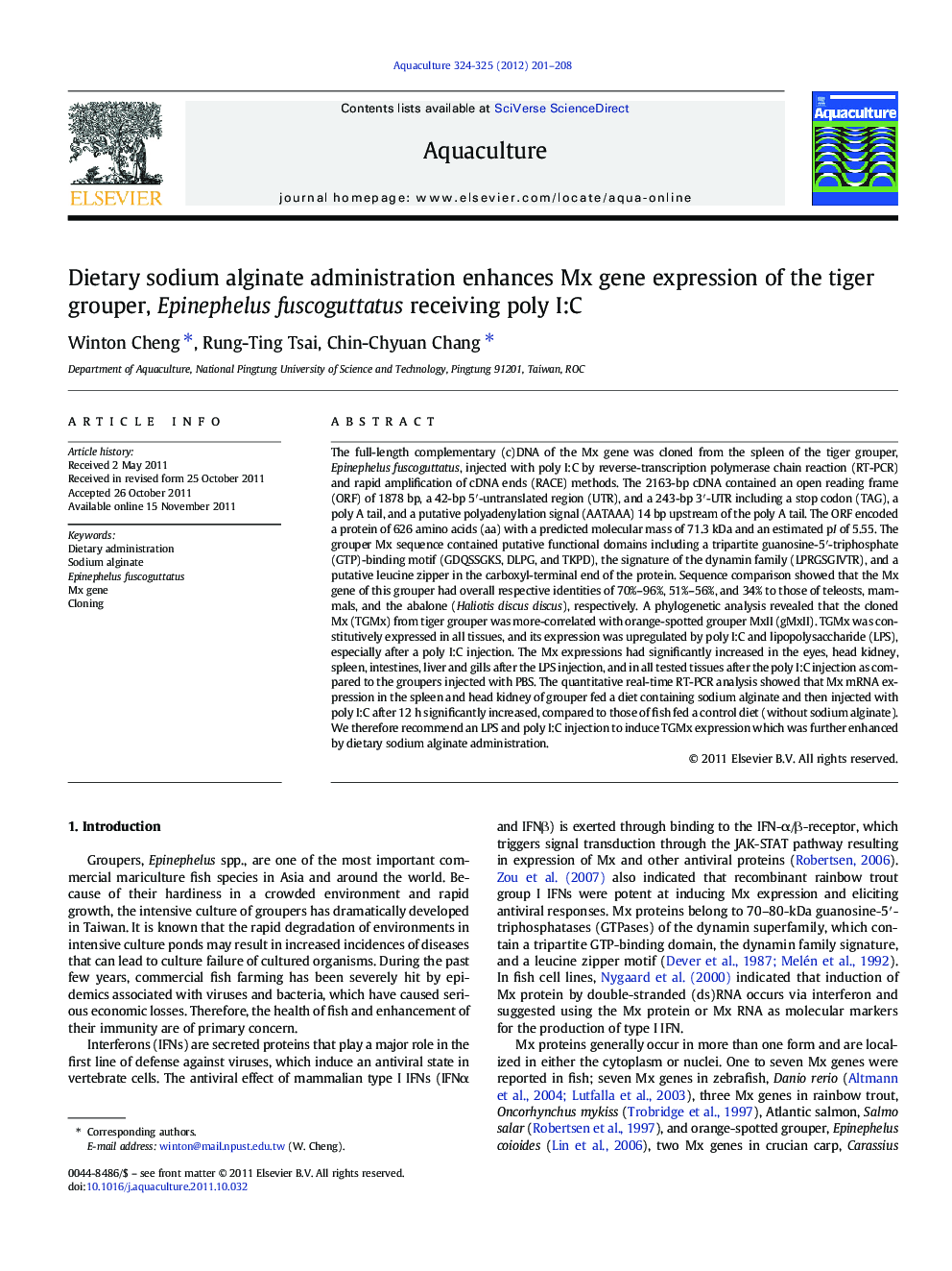 Dietary sodium alginate administration enhances Mx gene expression of the tiger grouper, Epinephelus fuscoguttatus receiving poly I:C