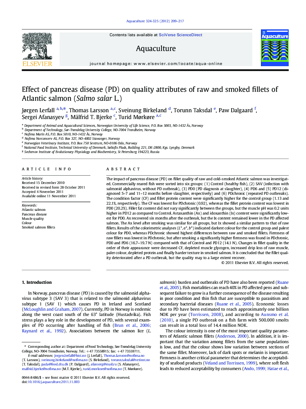 Effect of pancreas disease (PD) on quality attributes of raw and smoked fillets of Atlantic salmon (Salmo salar L.)