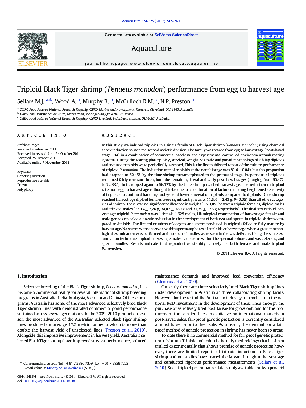 Triploid Black Tiger shrimp (Penaeus monodon) performance from egg to harvest age