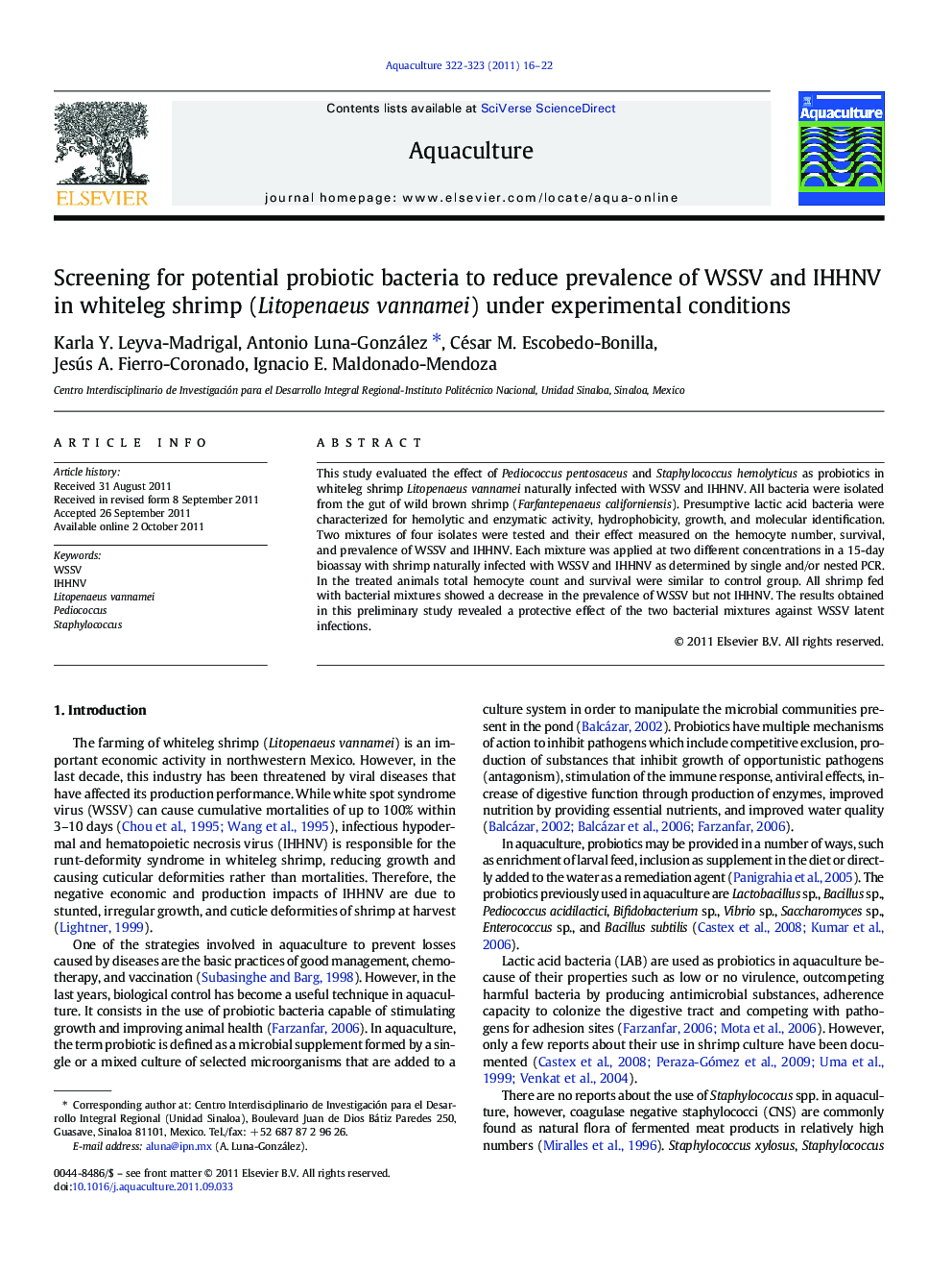 Screening for potential probiotic bacteria to reduce prevalence of WSSV and IHHNV in whiteleg shrimp (Litopenaeus vannamei) under experimental conditions