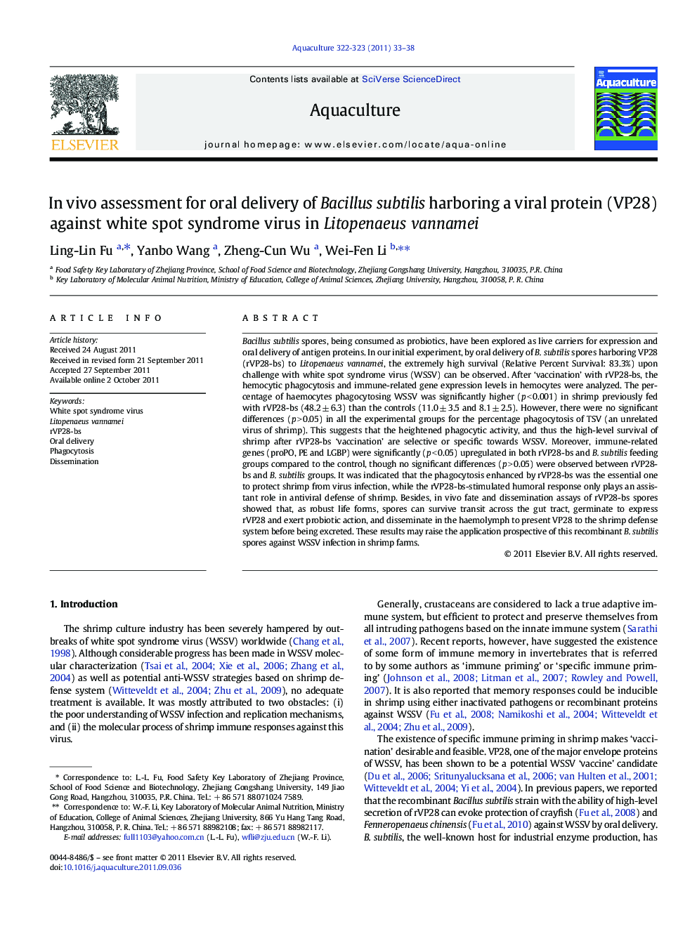 In vivo assessment for oral delivery of Bacillus subtilis harboring a viral protein (VP28) against white spot syndrome virus in Litopenaeus vannamei