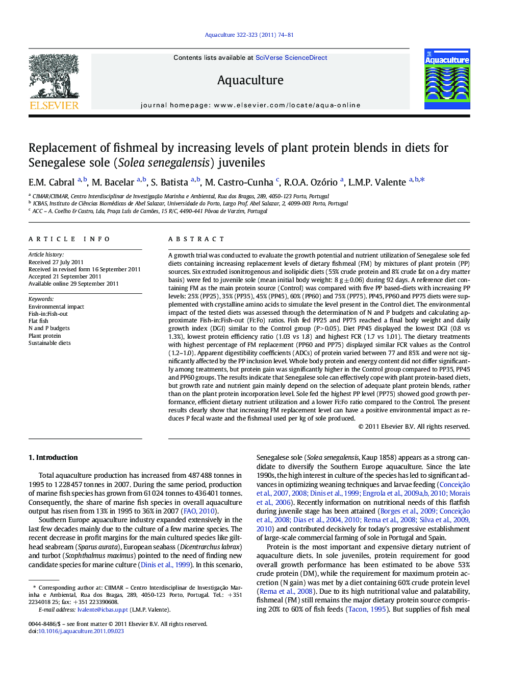 Replacement of fishmeal by increasing levels of plant protein blends in diets for Senegalese sole (Solea senegalensis) juveniles