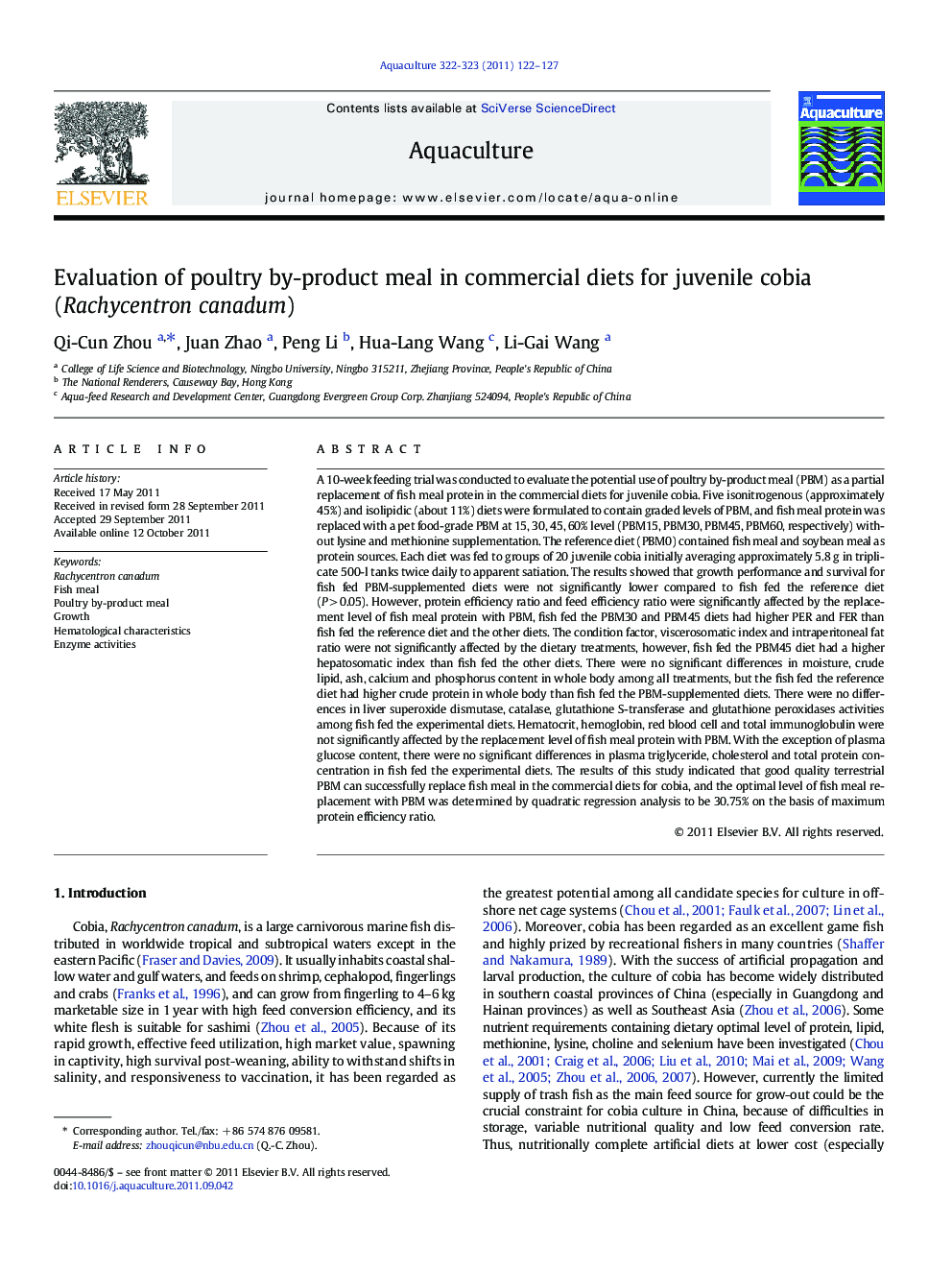 Evaluation of poultry by-product meal in commercial diets for juvenile cobia (Rachycentron canadum)