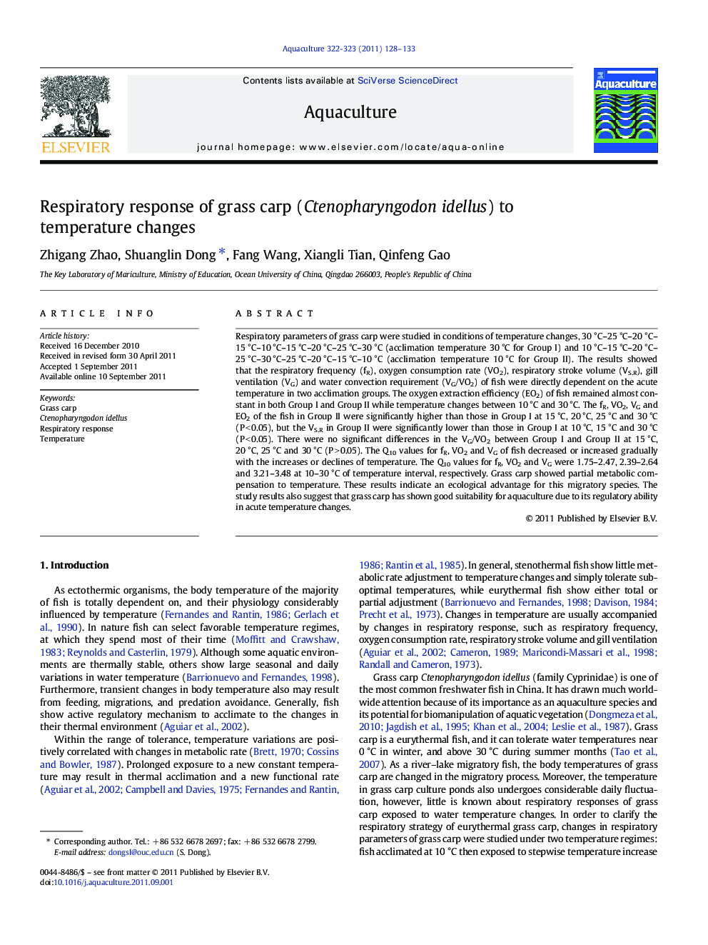 Respiratory response of grass carp (Ctenopharyngodon idellus) to temperature changes