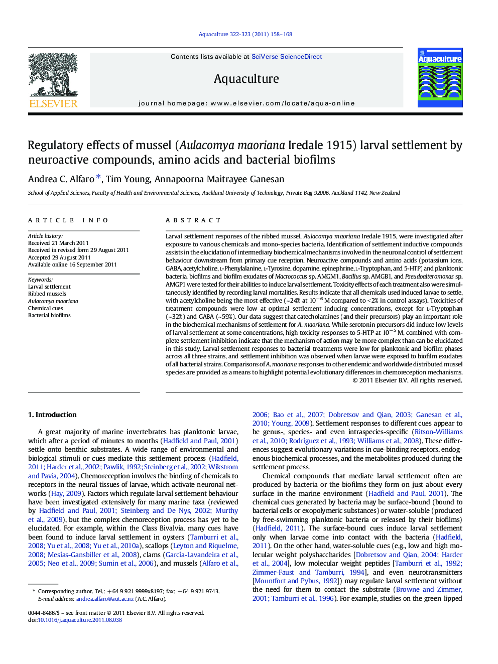 Regulatory effects of mussel (Aulacomya maoriana Iredale 1915) larval settlement by neuroactive compounds, amino acids and bacterial biofilms