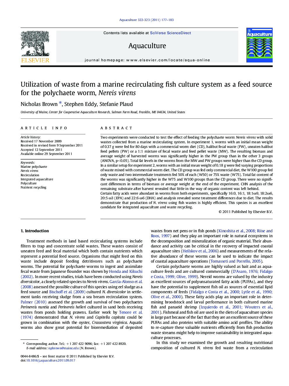 Utilization of waste from a marine recirculating fish culture system as a feed source for the polychaete worm, Nereis virens