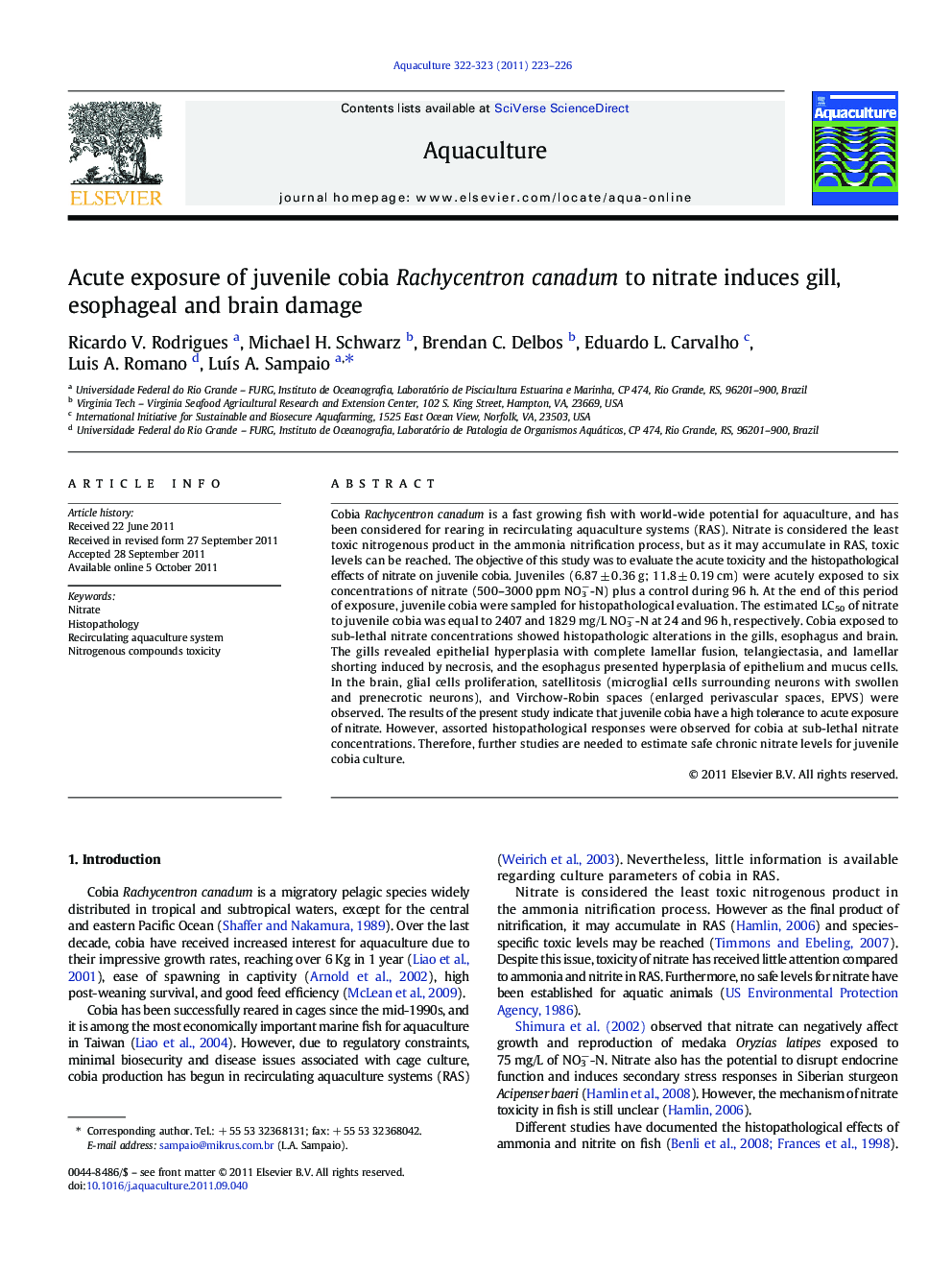 Acute exposure of juvenile cobia Rachycentron canadum to nitrate induces gill, esophageal and brain damage