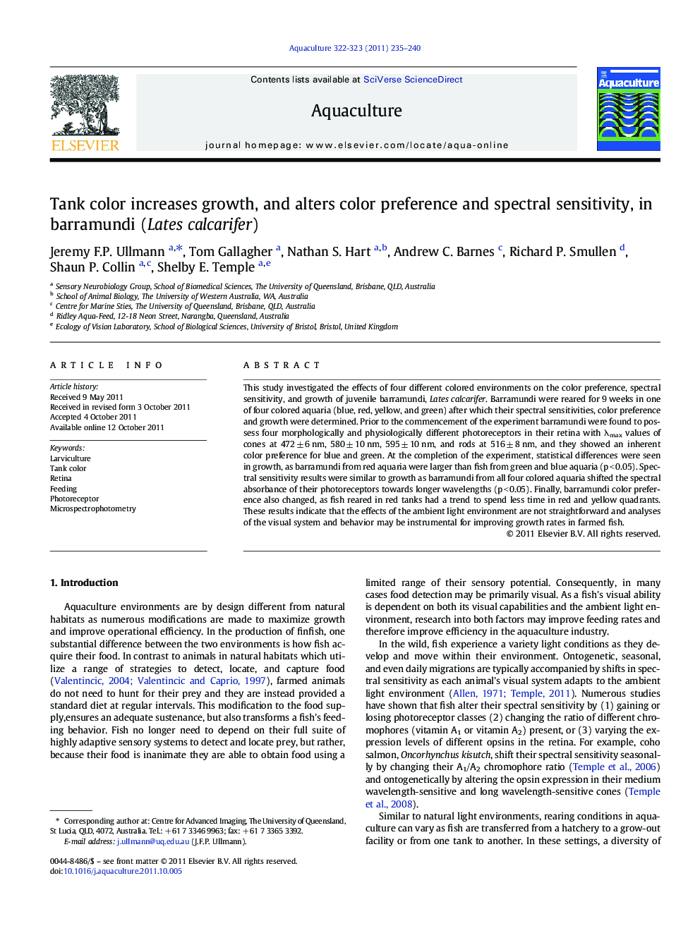 Tank color increases growth, and alters color preference and spectral sensitivity, in barramundi (Lates calcarifer)