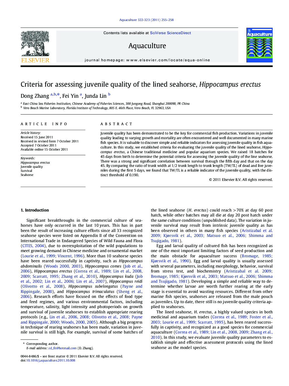 Criteria for assessing juvenile quality of the lined seahorse, Hippocampus erectus