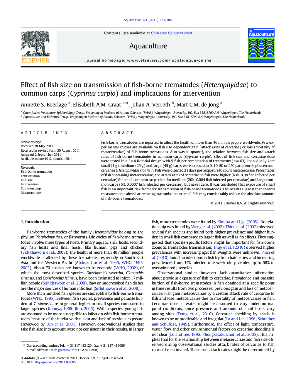 Effect of fish size on transmission of fish-borne trematodes (Heterophyidae) to common carps (Cyprinus carpio) and implications for intervention