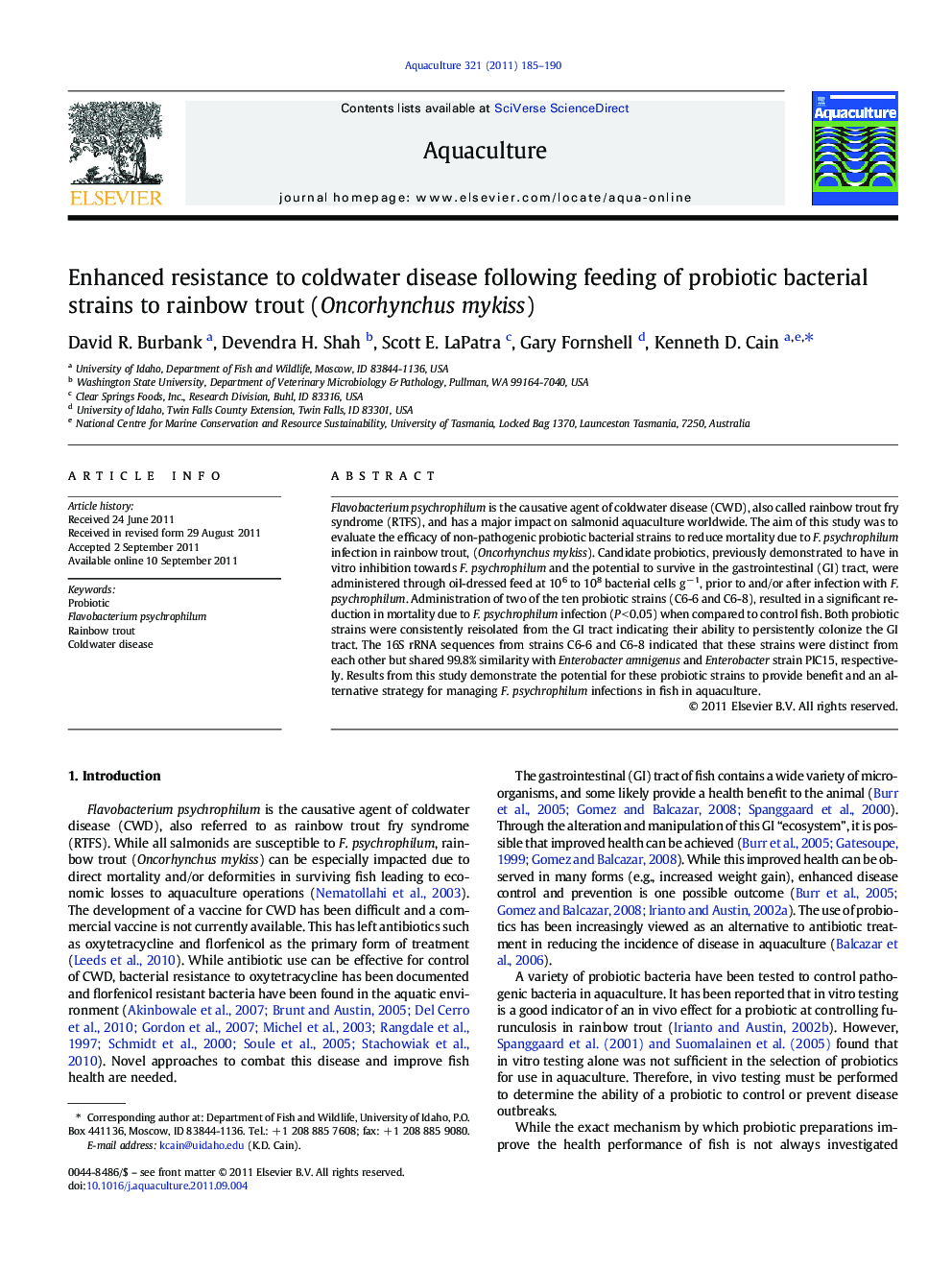 Enhanced resistance to coldwater disease following feeding of probiotic bacterial strains to rainbow trout (Oncorhynchus mykiss)