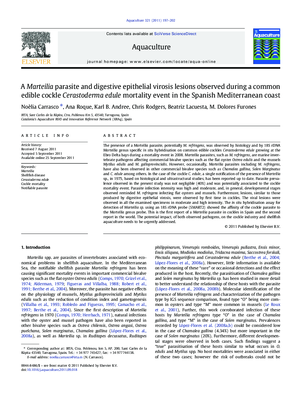 A Marteilia parasite and digestive epithelial virosis lesions observed during a common edible cockle Cerastoderma edule mortality event in the Spanish Mediterranean coast