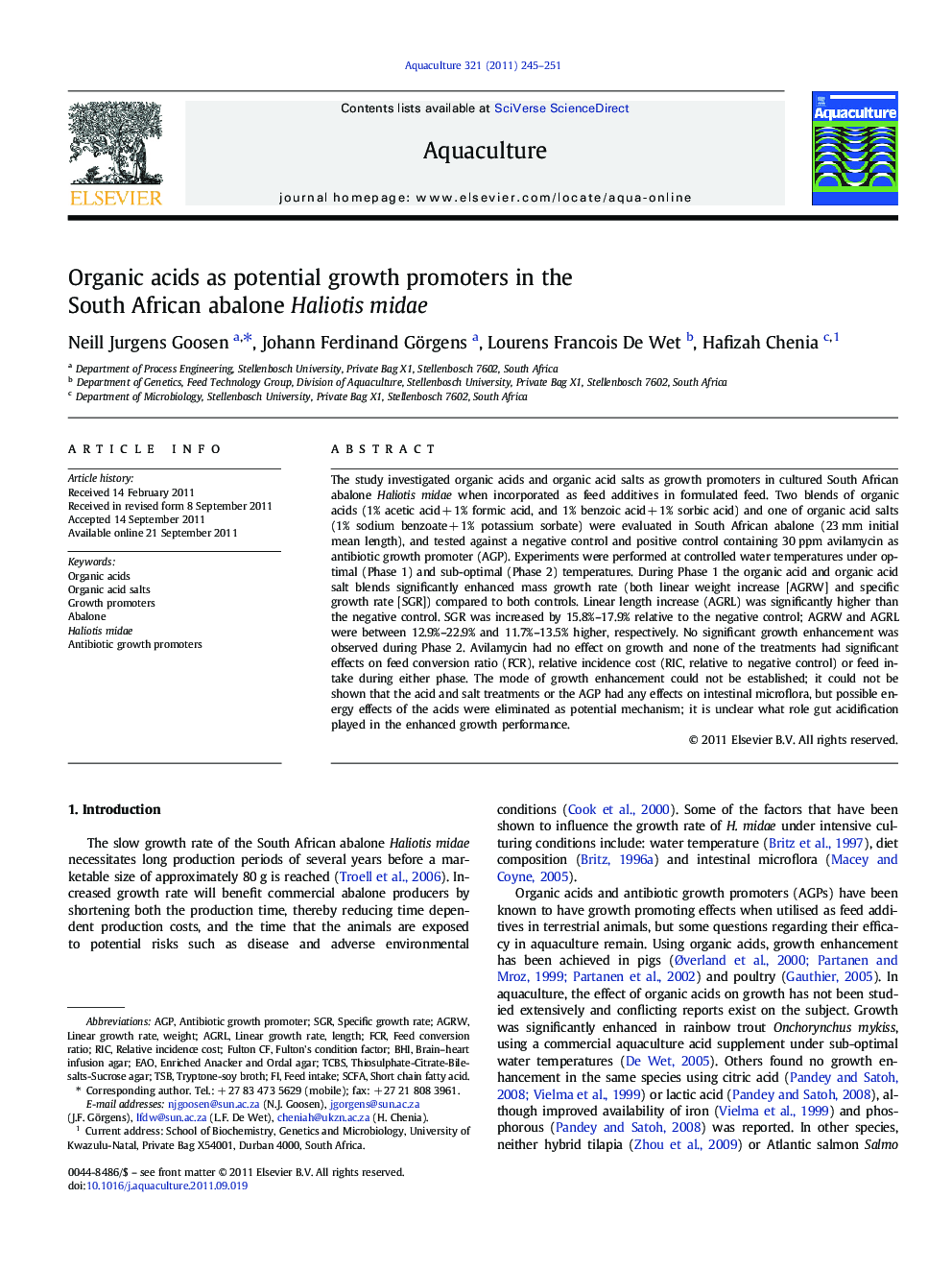 Organic acids as potential growth promoters in the South African abalone Haliotis midae