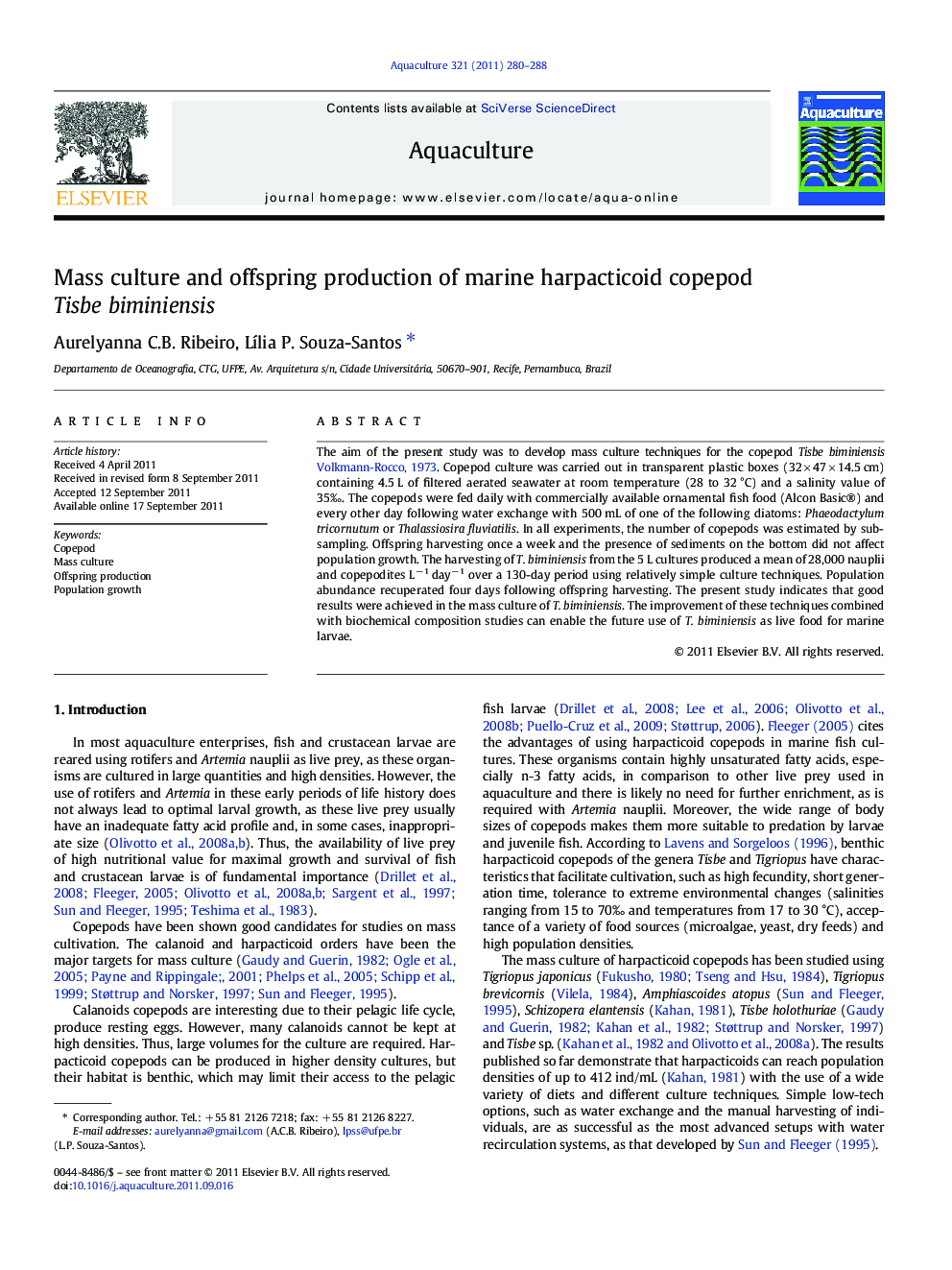 Mass culture and offspring production of marine harpacticoid copepod Tisbe biminiensis