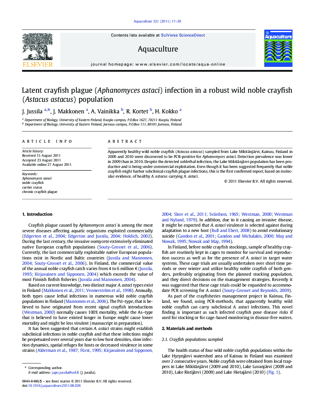 Latent crayfish plague (Aphanomyces astaci) infection in a robust wild noble crayfish (Astacus astacus) population