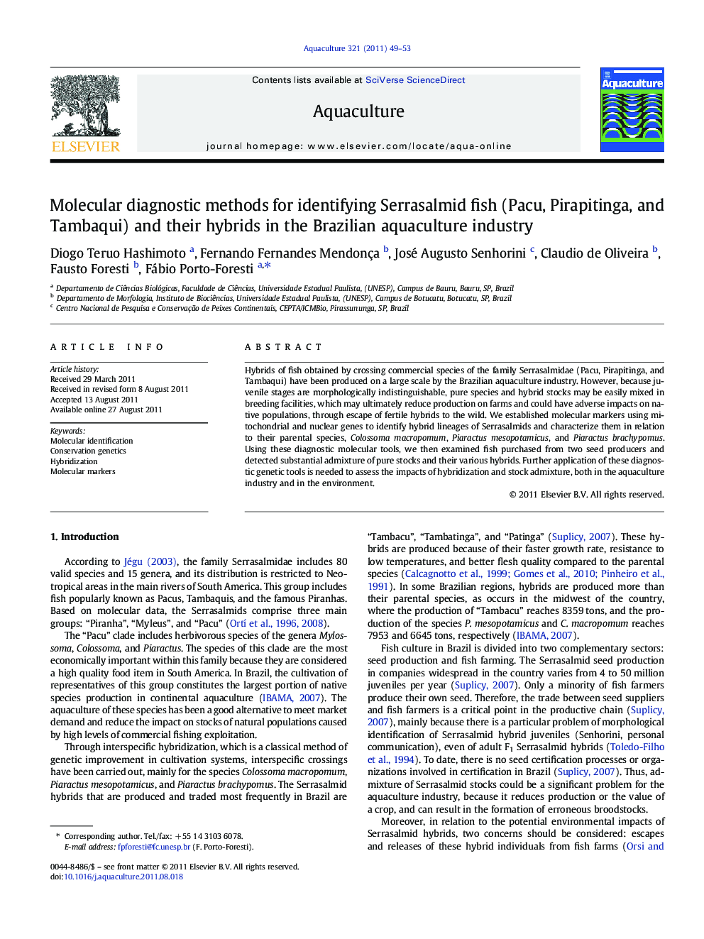 Molecular diagnostic methods for identifying Serrasalmid fish (Pacu, Pirapitinga, and Tambaqui) and their hybrids in the Brazilian aquaculture industry