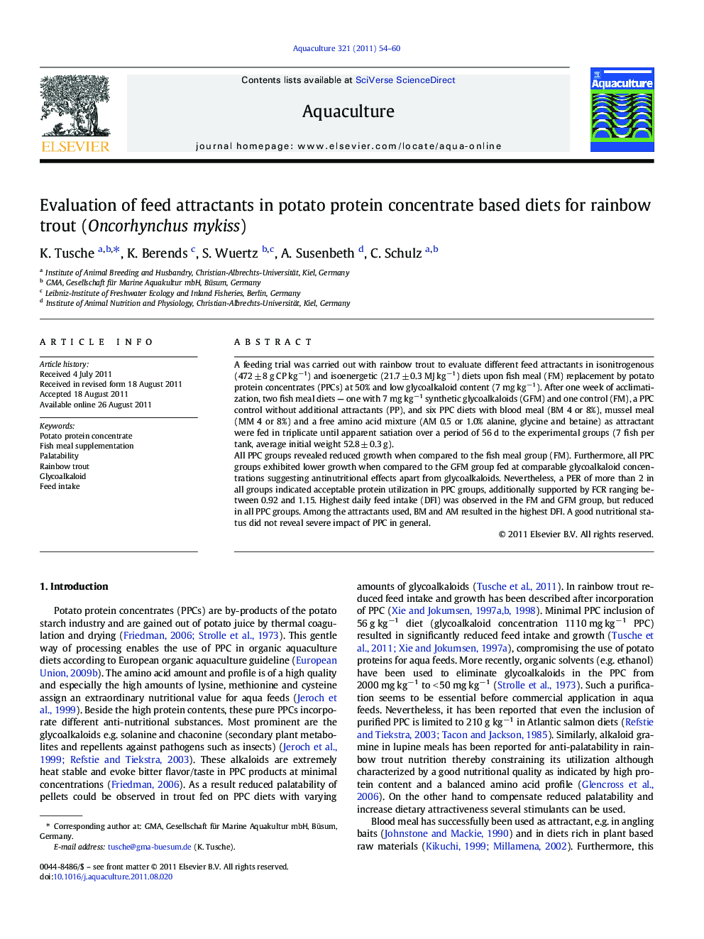 Evaluation of feed attractants in potato protein concentrate based diets for rainbow trout (Oncorhynchus mykiss)