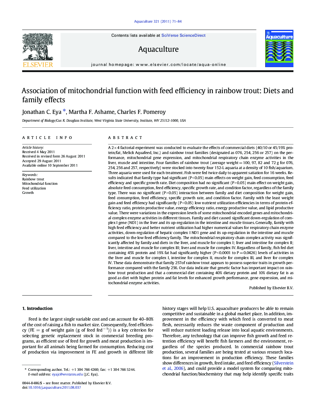 Association of mitochondrial function with feed efficiency in rainbow trout: Diets and family effects