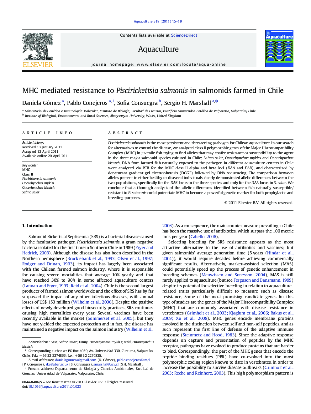 MHC mediated resistance to Piscirickettsia salmonis in salmonids farmed in Chile