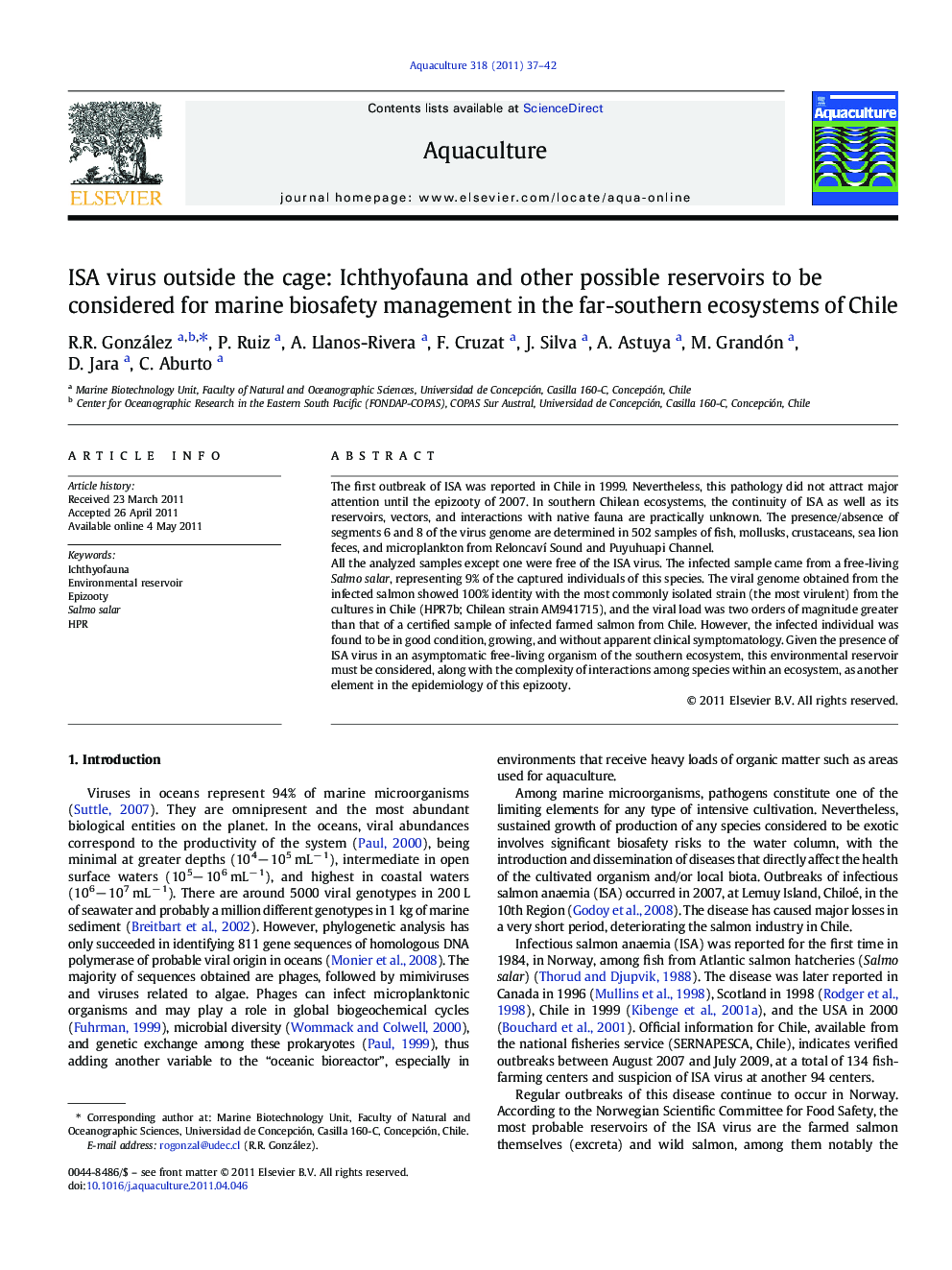 ISA virus outside the cage: Ichthyofauna and other possible reservoirs to be considered for marine biosafety management in the far-southern ecosystems of Chile