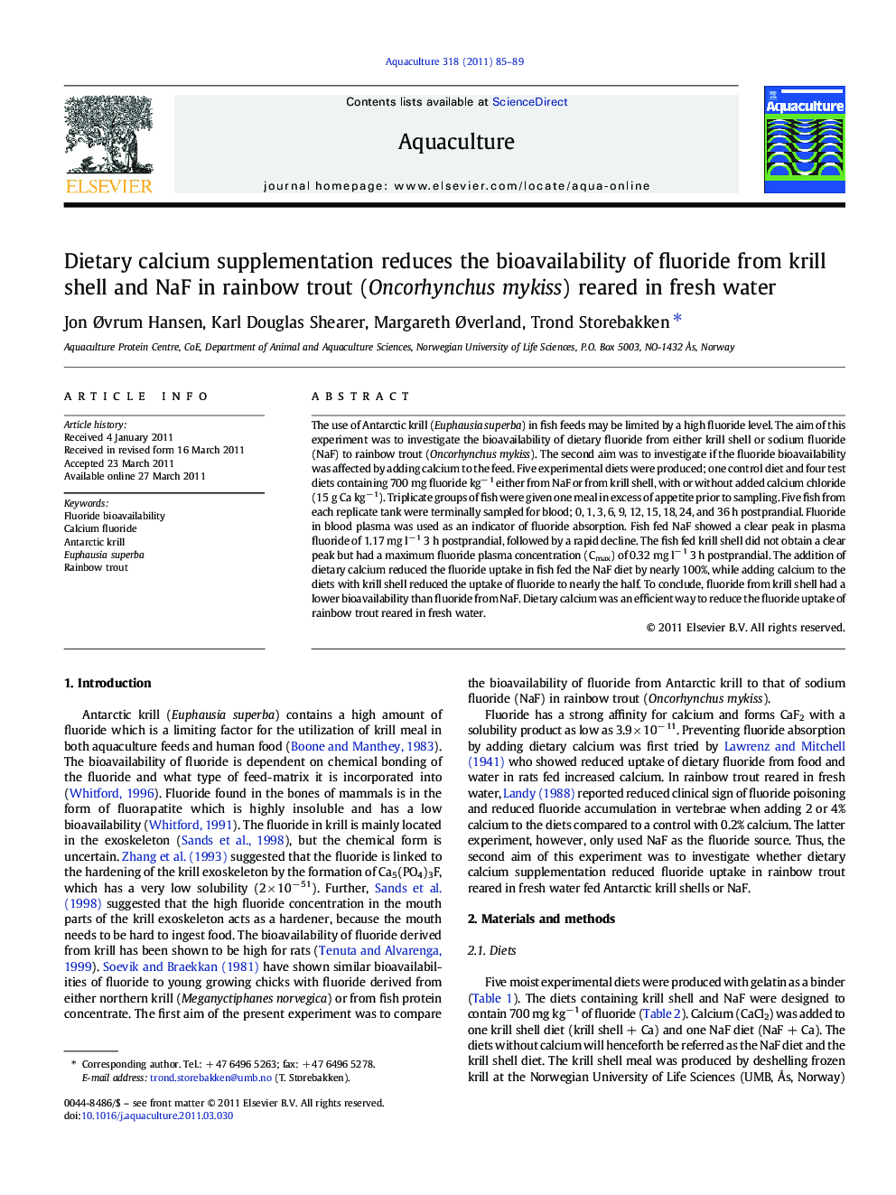 Dietary calcium supplementation reduces the bioavailability of fluoride from krill shell and NaF in rainbow trout (Oncorhynchus mykiss) reared in fresh water