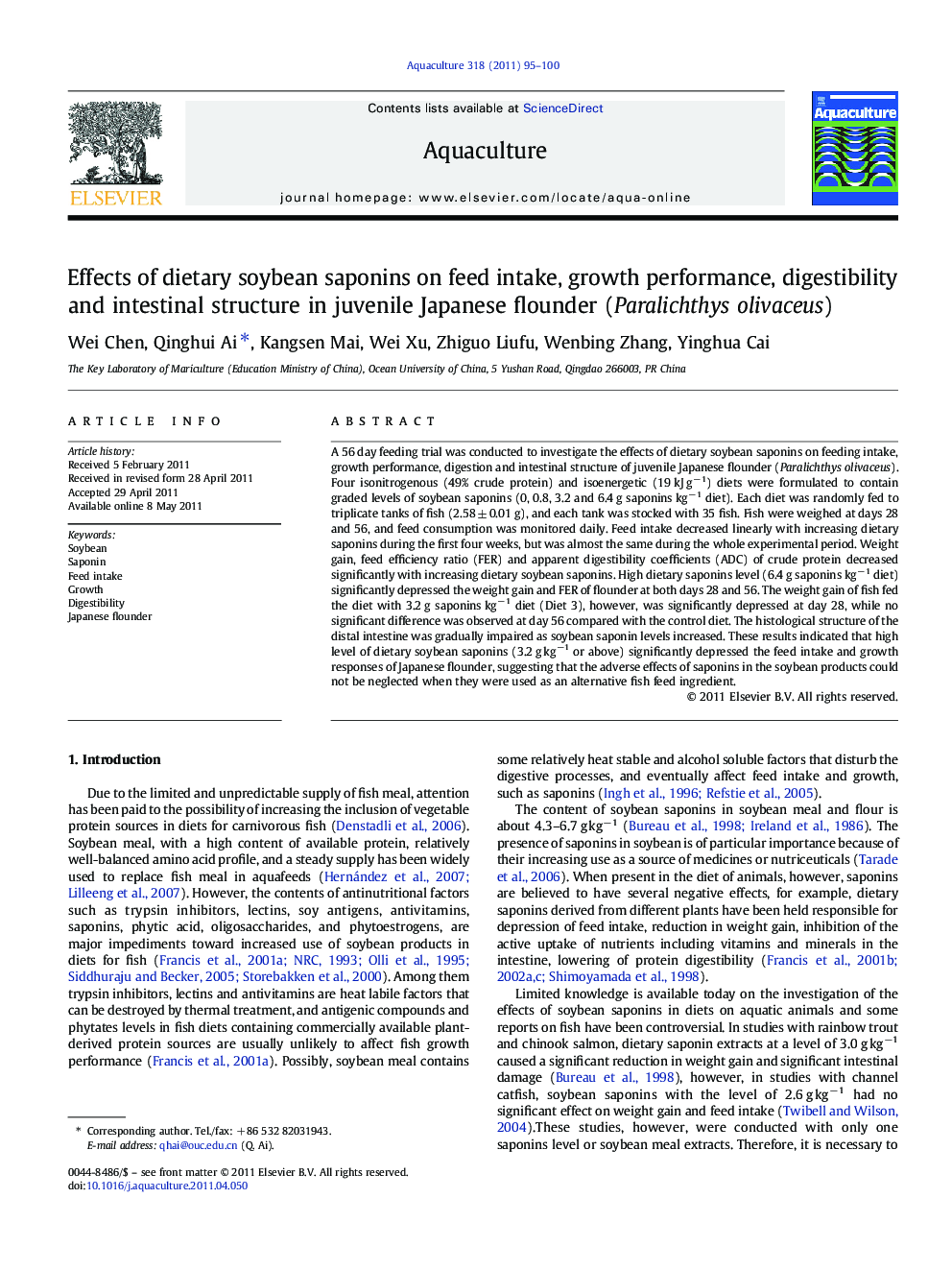 Effects of dietary soybean saponins on feed intake, growth performance, digestibility and intestinal structure in juvenile Japanese flounder (Paralichthys olivaceus)