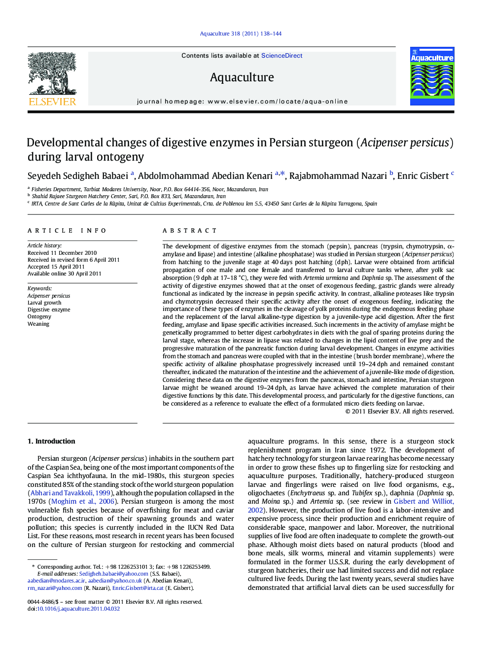 Developmental changes of digestive enzymes in Persian sturgeon (Acipenser persicus) during larval ontogeny